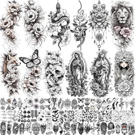 75 Sheets Black Realistic 3D Rose Flowers Temporary Tattoos For Women Girls Adults, Guadalupe Lotus Snake Peony Florals Blossom Fake Tattoo Stickers Forearm Lion Fox Spider Web Skull Lotus Virgin Mary