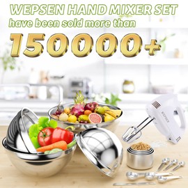 WEPSEN Hand Mixer Electric Mixing Bowls Set, 5 Speeds Handheld Mixer with 4 Nesting Stainless Steel Mixing Bowl, Measuring Cups Spoons 200W Kitchen Blender Whisk Beater Baking Supplies For Beginner