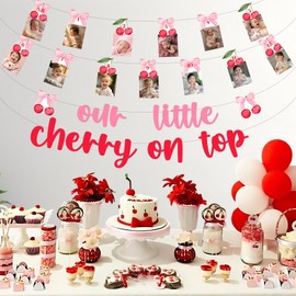 Fangleland Cherry and Bow Baby Shower Banner Decorations, Fruit Theme Our Little Cherry on Top 1st Birthday Photo Banner Pink and Red Party Supply for Girl