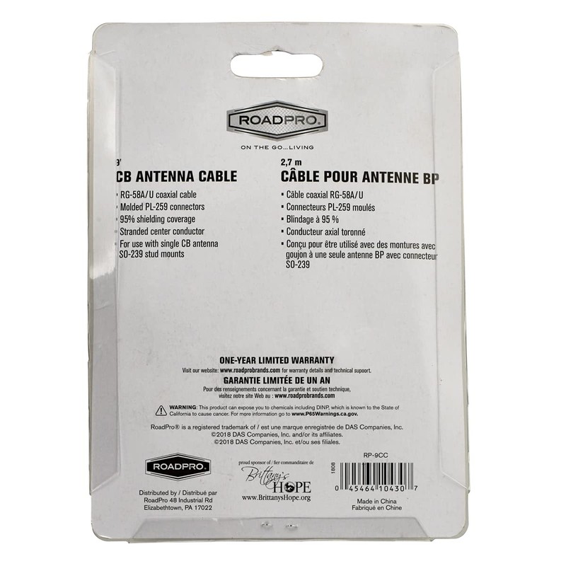 RoadPro RP-9CC 9-Feet RG58AU Cable with PL-259 Connectors for CB