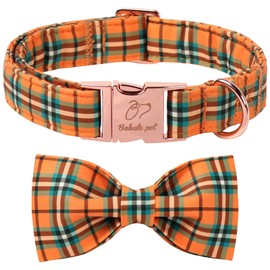 Babole Pet Fall Dog Collar with Bow Tie - Green Orange Plaid Pattern Halloween Puppy Collar, Adjustable Metal Buckle Thanksgiving Bowtie Dog Collars for Small Medium Large Dogs S