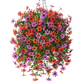 INQCMY Artificial Faux Hanging Flowers Plants Basket for Outdoor Outside Spring Decoration,UV Resistant Fake Silk Daisy in Planter Resistant Look Real for Home Porch Balcony Patio Yard Decor