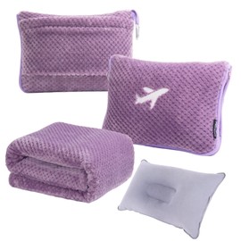 Nenolix 3 in 1 Travel Blanket Pillow Set - 350 GSM Thick Travel Blanket Airplane Compact with Bag, Soft Bag with a Pocket, Inflatable Travel Pillow for Camping & Car Trip (Violet)