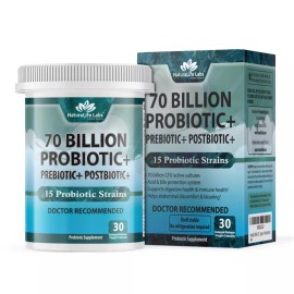 NaturaLife Labs Probiotics 70 Billion CFU – 15 Probiotic strains + Organic Prebiotic+ Postbiotic