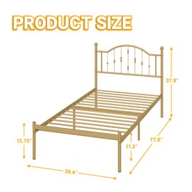 Elephance 12” Twin Size Metal Platform Bed Frame with Creative Headboard for Youths, Boys, Girls Bedroom, Golden Finish