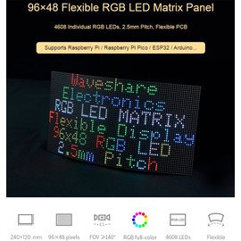 Flexible RGBFull Color LED Matrix Panel 96x48 Pixels, 2.5mm Pitch, 4608 Individual RGB LEDs, Adjustable Brightness and Bendable PCB,Compatible with Raspberry Pi / Raspberry Pi Pico / ESP32 / Ardu