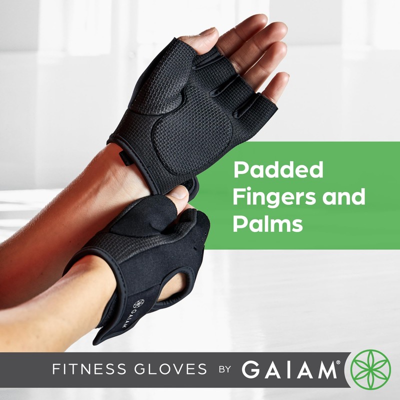 Gaiam Fitness Fingerless Gloves for Weight Training (Black/Black), Padded Palm,