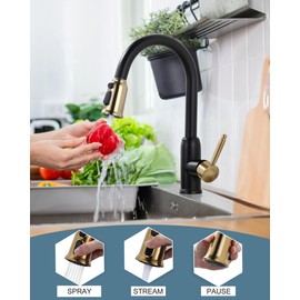 Black and Gold Kitchen Faucet with Sprayer, WOWOW Stainless Steel Kitchen Faucet for Sink 1 or 3 Hole, Pull Down Kitchen Faucet High Arc Single Handle Kitchen Sink Faucet Vintage Style