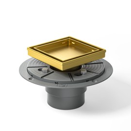 Bernkot Square Shower Drain 4" with 2" PVC Flange Base, 304 Stainless Steel Tile in Floor Drain w/Tiled Insert Grate & Hair Catcher, CUPC Certified(Brushed Gold, 4'')