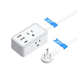 NTONPOWER Flat Extension Cord 5 Feet, Small Flat Plug Power Strip with 3 USB(1 USB-C), 3 Outlets Small Extension Cord, Portable Extension Cord, Compact for Home Office Dorm Room Essentials，White