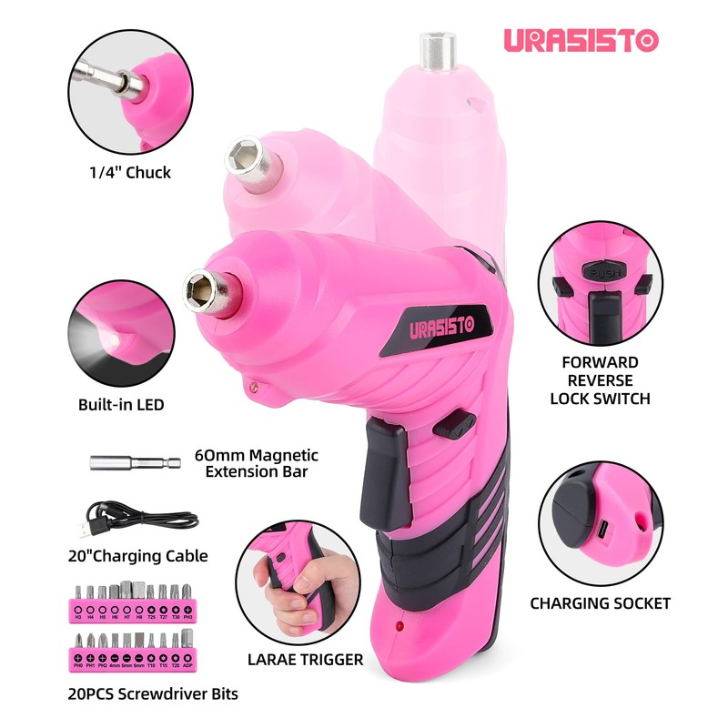 URASISTO Pink Household Tool Set with 3.6V USB Electric Screwdriver,