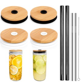 ANOTION Mason Jar Lids with Straw Hole, 4 Large Mason Jar Lids, Reusable Bamboo Mason Jar Drinking Lids for Wide Mouth Mason Jar with 4 Reusable Stainless Steel Straw for Coffee Cup
