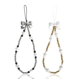 Reownest 2 Pack Beaded Phone Bracelet Strap, Cute Bowknot Beaded Chain Aesthetic Wrist Strap, Anti-Lost Acrylic Lanyard Charm for Women Girls - Gold, Silver