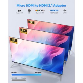 ZeniKon 8K Micro HDMI to HDMI Adapter, HDMI to Micro HDMI 8K@60Hz 4K@120Hz Micro HDMI Male to HDMI 2.1 Female Adapter High Speed 48Gbps, 3D, HDR10, Dolby for Camera, Raspberry Pi 5/Pi 4, Sony, Nikon