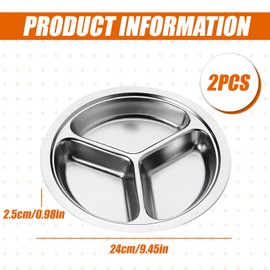 Pack of 2 Round Divided Dinner Plates, Stainless Steel, Portion Control Plates with 3 Compartments, 24 cm Stainless Steel Divided Plates, Children, Bariatric Plate, Camping Metal Plate for Dinner