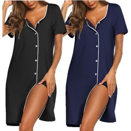 Ekouaer Nightgowns for Women 2 Pack Button Down Sleepshirt Short Sleeve Nightshirt Soft Sleepwear V Neck Pajama Dress