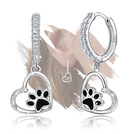 Heart Print Earrings for Women- Sterling Silver Cute Pet Puppy Cat Dog Paw Print Hoop Earrings Hypoallergenic Cubic Zirconia Adorable Dainty Loop Earring Jewelry Gifts for Teens Daughter Granddaughter
