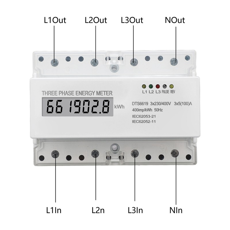 3 Phase Energy Meter DIN Rail Mount Electricity Usage Monitor