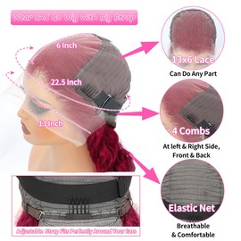 99j Burgundy Lace Front Wigs Human Hair 200 Density 13x6 HD Frontal Deep Wave Lace Front Wigs Human Hair Pre Plucked Red Curly Human Hair Wig Glueless Colored Wet And Wavy 22 Inch