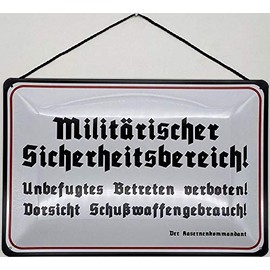 Blechschild With Cord 30 x 20 cm Warning Sign: Military Security Area ! Unauthorised Entry Prohibited ! Firearms Use ! - Blechemma