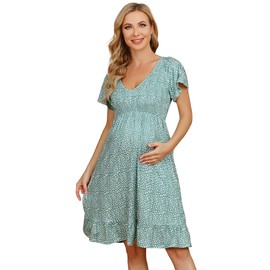 Coolmee Women's Ruffle Smocked Maternity Dress Floral Short Sleeve V Neck Knee Length Dress for Baby Shower Photoshoot Casual Green L