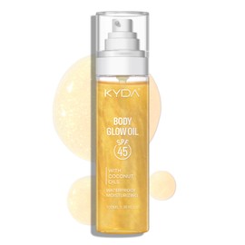 KYDA Body Glow Oil, SPF 45 Broad Spectrum, Sunscreen Body Oil with Gold Mica, Moisturizing Coconuts Summer Sunscreen, Water Resistant Glow Skin Moisturizer, 3.38 fl oz, GOLD