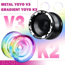 MAGICYOYO Reponsive Yoyos for Kids Beginners, Pro Yoyo 2 Pack Aluminum Yoyo V3 + Plastic Yoyo K2 Crystal, Dual Yo-yos with 12 Yoyo Strings, Yoyo Case, Yo-Yo Accessory Kit (V3 Black + K2 Gradient)