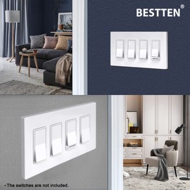 [5 Pack] BESTTEN 4-Gang Screwless Decorative Wall Plate, Decorator Outlet Cover, USWP6 Snow White Series, H4.69” x L8.35”, for Light Switch, Dimmer, GFCI, USB Receptacle