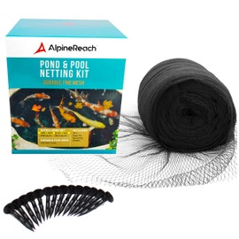 AlpineReach Koi Pond Netting Kit 40 x 40 ft Black Heavy Duty Woven Fine Mesh Net Cover for Leaves - Protects Koi Fish from Blue Heron Birds, Cats & Predators – Reusable & Stakes Included