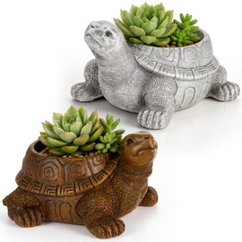 Wenqik 2 Pcs Turtle Planters Resin Succulent Plant Pots with Drainage Hole Small Turtle Flower Pots for Indoor and Outdoor Home Office Desktop Decoration, Ideal Gifts for Plant Lovers, Gray and Brown
