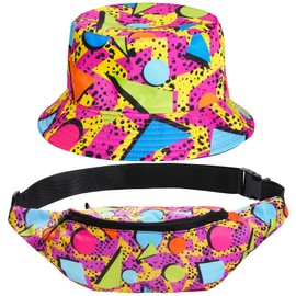 80s 90s Fanny Pack Bucket Hat Set for Women Men Neon Waist Bag 90s Hat Retro Casual Outfit for 1980s/1990s Costume