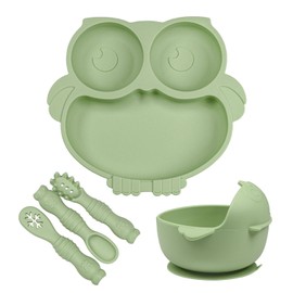 Owl Shape Silicone Baby Feeding Set, Toddler Suction Plates and Bowls Set with Spoons, Kids Silicone Dinnerware Set Eating Utensils, Green