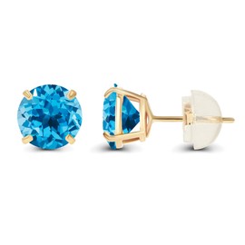 Genuine 10K Solid Yellow Gold 4mm Round Natural Swiss Blue Topaz December Birthstone Stud Earrings