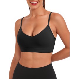 Buauty V Neck Sports Bra for Women, Padded Push up Women's Sport Bras Adjustable Thin Straps, Light Support Yoga Camisole Basic Top, Low Impact Spaghetti Strap Sport Racerback Bras Black XS-1
