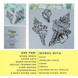 Seashell Stencils for Painting - on Wood, Walls, Canvas - Reusable Beach Theme Stencil Set for Journaling, Crafts, Card Making - Small 6X6 and Large 12X12 Inch Template with Board