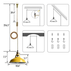 YUBOLE Nordic Hanging Pendant Light with Plug Metal Barn Hanging Light Fixture for Kitchen Bedroom Foyer, Yellow