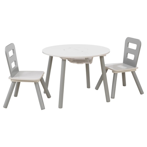 KidKraft Wooden Round Table & 2 Chair Set with Center Mesh Storage, Kids Furniture, Gray & White, Gift for Ages 3-6