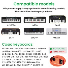 Auspow 9.5V AC/DC Adapter for Casio ADE95100LU Power Supply Charger for Casio Piano Keyboard - Only Compatible for Listed Models (8.2 Ft Long Cord)