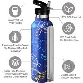 Turtle Sport Water Bottle with Straw, Vacuum Insulated Stainless Steel Thermal Drinking Travel Mug Cups For Gym Fitness Camping-20oz/600ml