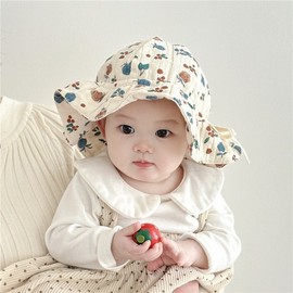 2025 Korean Style Floral Print Breathable Baby Girl Gauze Sun Bucket Hat (38-48cm, 5-24 Months) Months/Red Floral 3ea