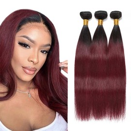 Burgundy Bundles Human Hair 26 28 30 Inch Ombre Human Hair Bundles Double Weft 1B99J Straight Bundle Unprocessed Brazilian Remy Hair Extensions Soft And Healthy