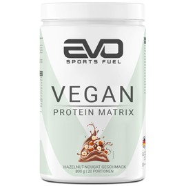 EVO SPORTS FUEL Vegan Protein Powder Matrix Hazelnut Nougat 800 g Protein Powder with 3 g Leucine per Serving for Maximum Protein Synthesis Tested Quality Made in Germany