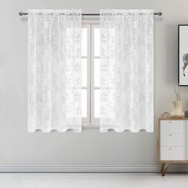 DWCN Floral Lace Sheer Curtains - Rod Pocket Window Voile Sheer Drapes for Bedroom Kitchen Short Curtains 52 x 45 inch Length, Set of 2 White Curtain Panels