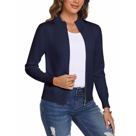 Totatuit Long Sleeve Zip Up Jacket for Women Zip Front Cardigan Fashion Loose Lightweight Knitted Sweatshirts with Zipper Fall Tops Autumn Clothes Casual Sweater Navy Blue L