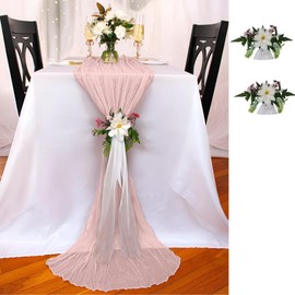 EVALYN EVE Pink Table Runner Cheesecloth Table Runner with 2 Flower Ribbons Sheer Table Runner Gauze Table Runner Rustic Table Runner Easter Table Runner Table Runners 72 Inches Long