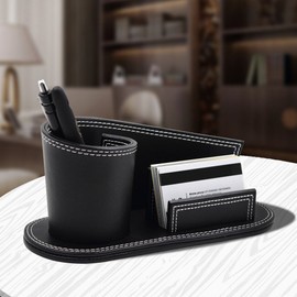Faux Leather Pen Pot, Irregular Desk Organiser With Business Card Holder Office Desktop Pen Holder Creative Desk Tidy Stationery Storage Box Luxury Desk Supplies Organizer Makeup Brushes Holder