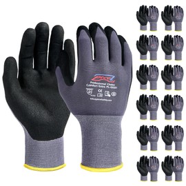 PTCOL Safety Work Gloves Micro-Foam Nitrile Coated-6 Pairs, Seamless Knit Touchscreen Nylon Gloves, with Black Nitrile Grip, for Warehouse, Home Improvement, Automotive, Construction (Medium)