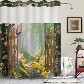 GURETER No Hook Shower Curtain with Snap in Liner Set, Forest Shower Curtains, Natural Bathroom Decoration with Green Forest Landscape, Through Mesh Top Window, Machine Washable, 71x74 in