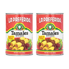 La Preferida Beef & Pork Tamales Hearty Mexican Canned Tamales in Red Sauce 15oz. (Pack of 2)