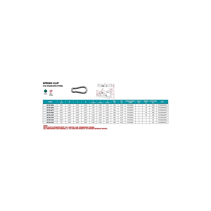 316 Stainless Spring Clip 5/16" x 3-1/4" Carabiner (S0120-0080)